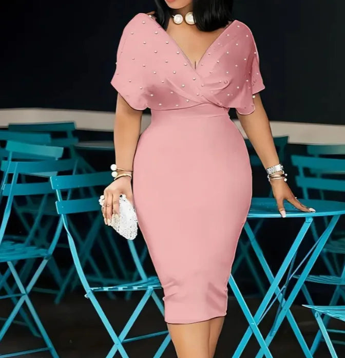 Elegant Solid V Neck Short Sleeve Knee Length Dress for Women
