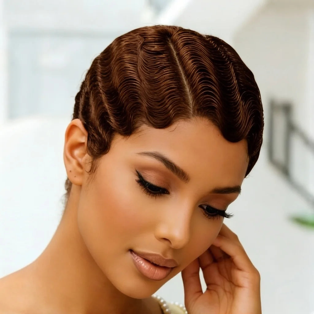 13X4 Lace Front Wig Brazilian Human Hair Finger Wave Short Pixie Cut Wig for Women 180% Density