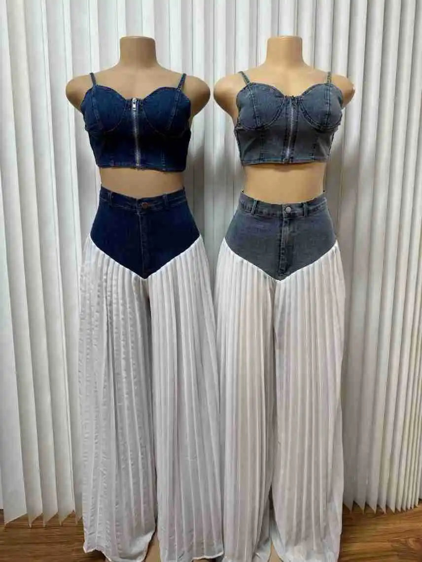 Casual Patchwork Wide Leg Denim Tracksuit Set for Women