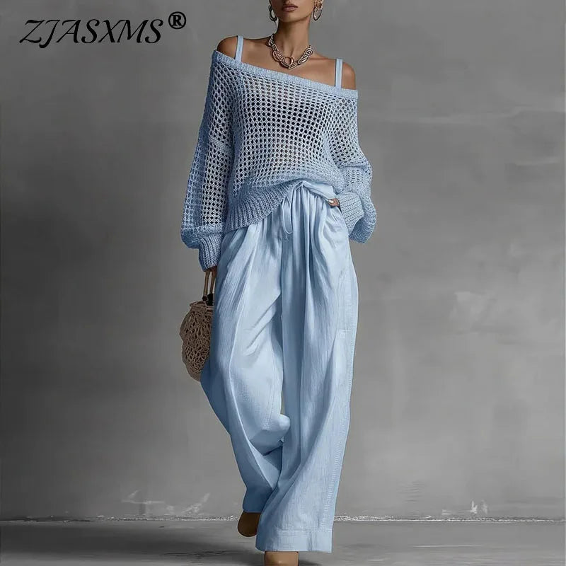 Summer Off Shoulder Crochet Knit Two Piece Set for Women