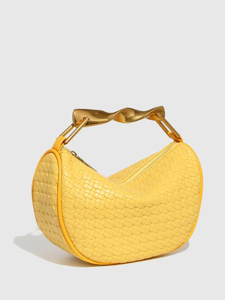 Gold Handle Brand Handwoven Handbag Casual Fashion Bow Design Purse Exquisite High-end Leather Brown Zipper Luxury Shoulder Bags