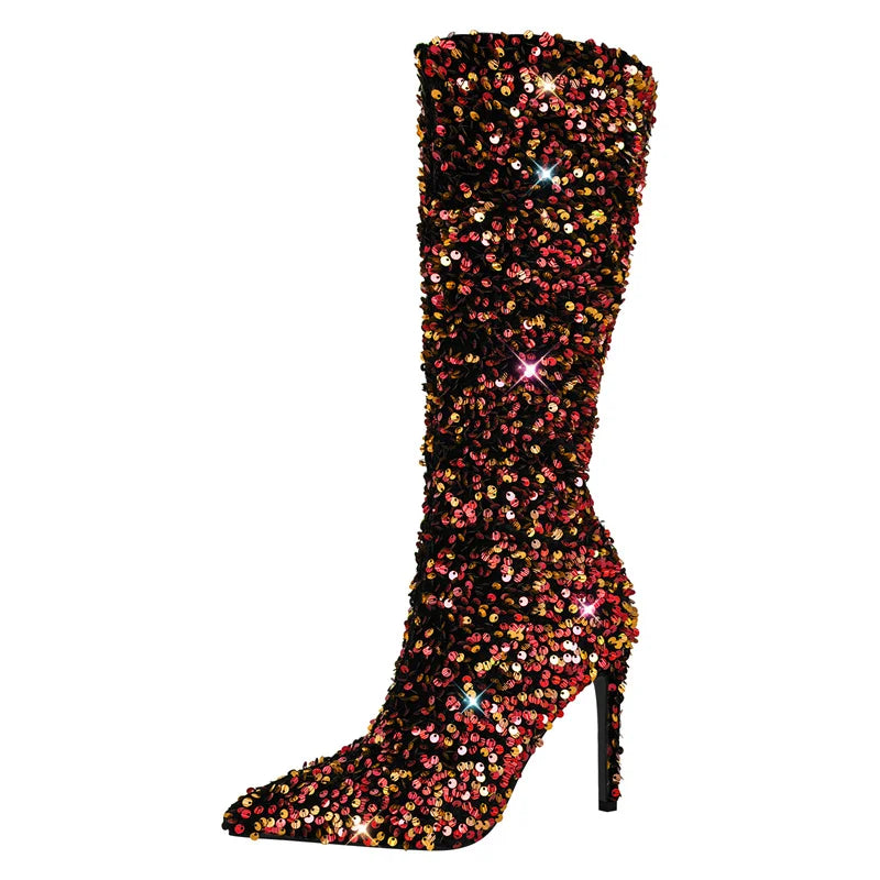Winter Warm Pointed Toe Stiletto High Heel Mid Calf Faux Fur Boots for Women