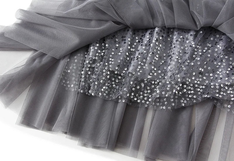 Sparkling Mesh A-Line Pleated Knee-Length Skirt for Women