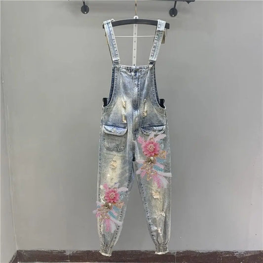 Women Jeans Jumpsuit Industry Nail Bead 3D Flower Bundle Foot Cowboy Strap Pants Casual Loose Wide Leg Bundle Foot Jumpsuit