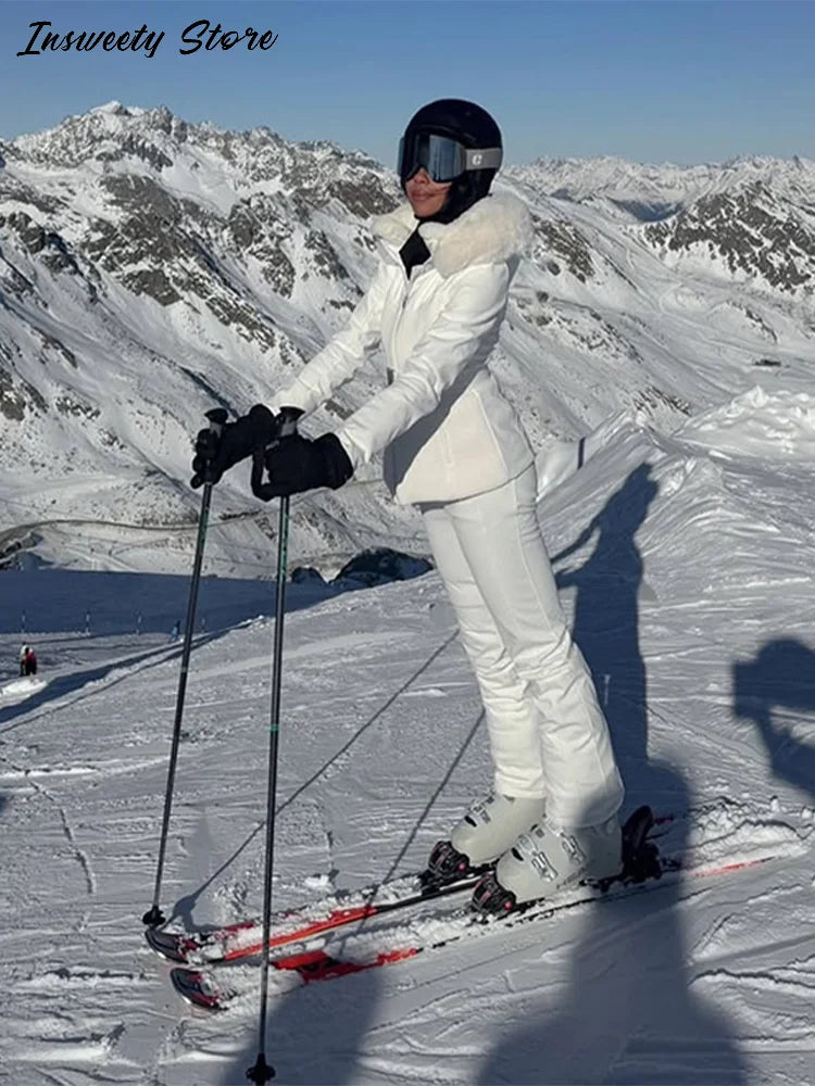 Warm Fur Trim Hooded Winter Ski Suit with Belt for Women