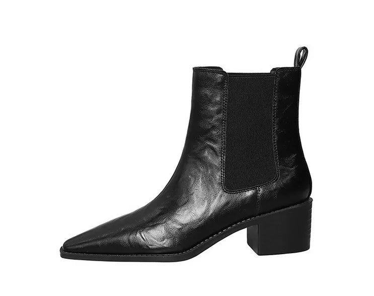 Black Pointed Toe Block Heel Ankle Boots