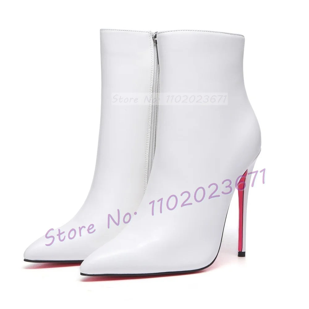Pink Sole White Ankle Boots Women Pointed Toe Stylish Patent Leather High Heels Boots Female Elegant Casual Crocodile Shoes