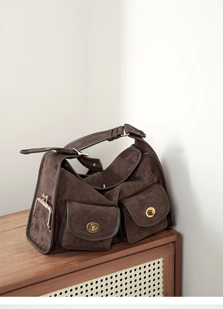 Casual Commuter Large Capacity Suede Pillow Bag Single Shoulder Crossbody Bag Vintage Style Polyester Lining Zipper Closure
