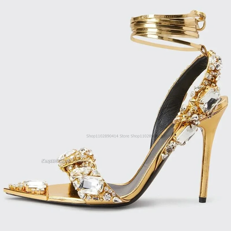 Green Open Toe Sandals With Back Strap And Crystal Detail For Women