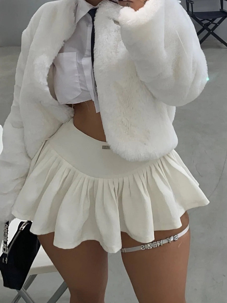 Women's Low Waist Mini Pleated Skirt  Adult Girly Casual Low Waist Letter Label Skirt with Lined Short Skirt (White)