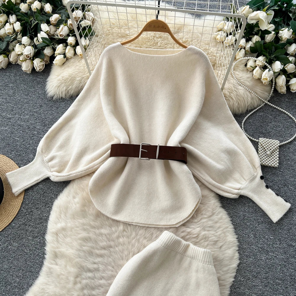 Batwing Sleeve Knit Top and High Waist Skirt Set for Women