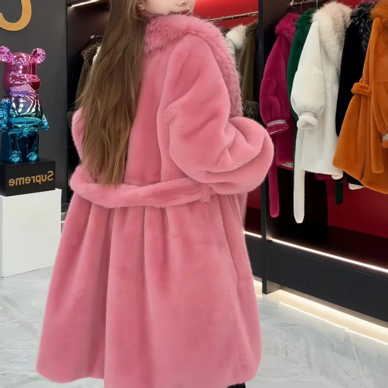 Faux Fur Coat for Women,Turn-down Collar,Loose Thicken Warm Jacket,Female Clothes,Adjustable Waist,New ,Winter