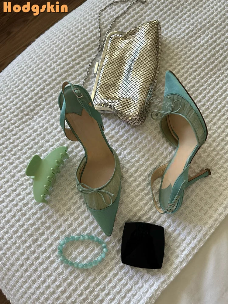 Butterfly Knot Satin Pointed Toe Pumps With Thin Heels for Women