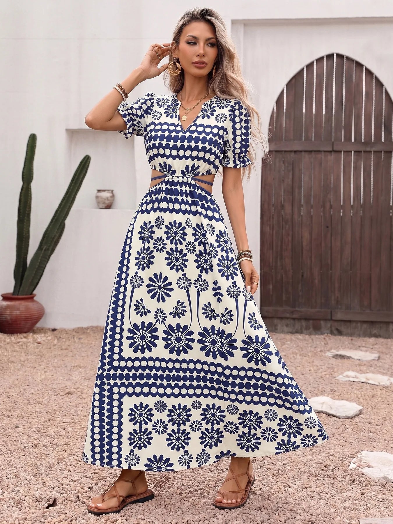 Elegant Retro Print High Waist Hollow Out Midi Dress for Women