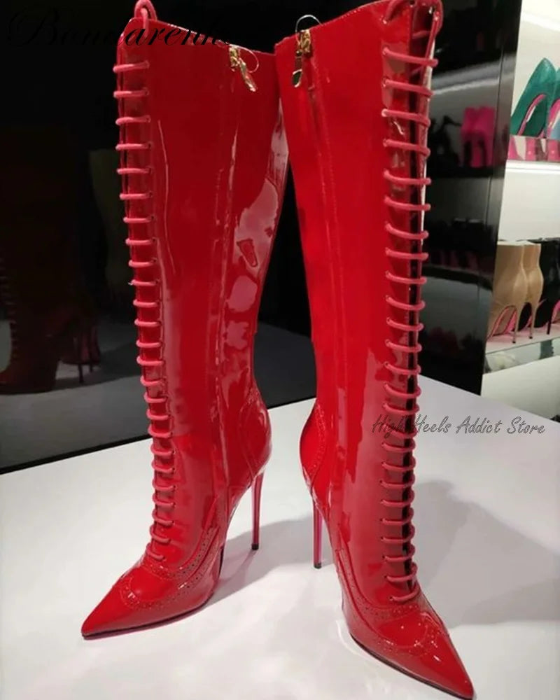 Pointed Toe Patent Leather Lace Up Knee High Boots for Women