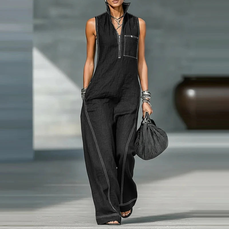 Stand Collar Pocket Sleeveless Wide Leg Jumpsuit for Women