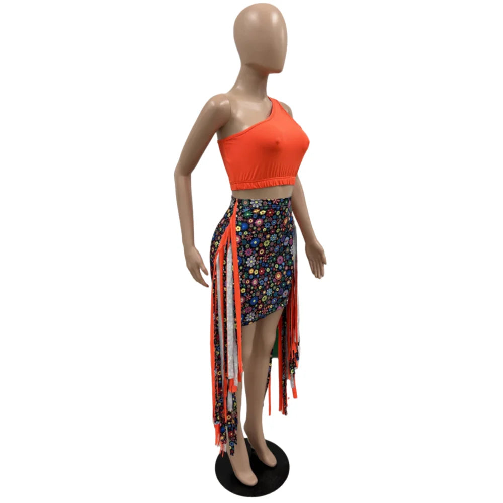 FAGADOER Summer Print Tassels Mini Skirts Two Piece Sets Women One Shoulder Sleeveless Crop Top+Skirts Outfits Fashion Clothing