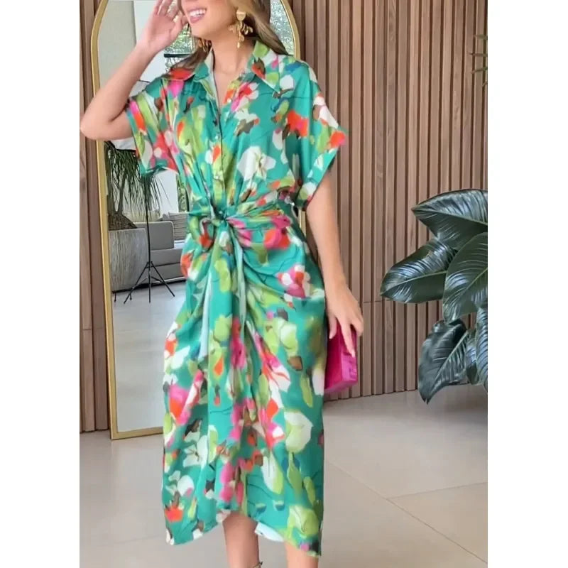 Printed Button Front Ankle Length Shirt Dress with Belt for Women