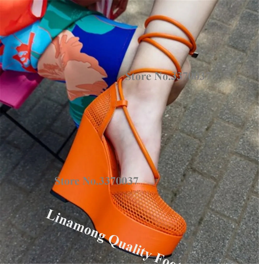 Round Toe Mesh Lace Up Cross Strap Wedge Sandals For Women