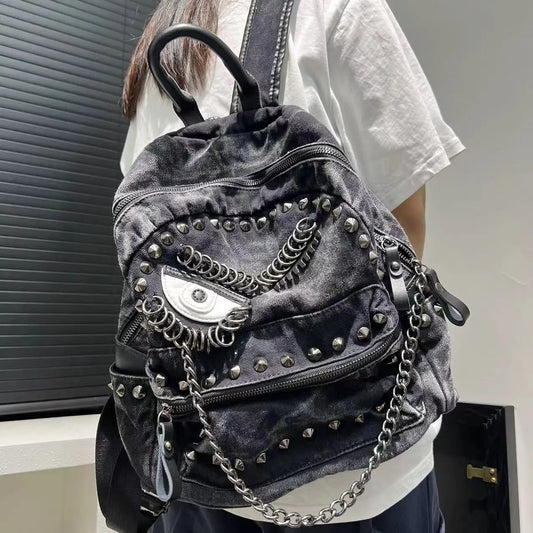 Denim Backpack With Chain Accents