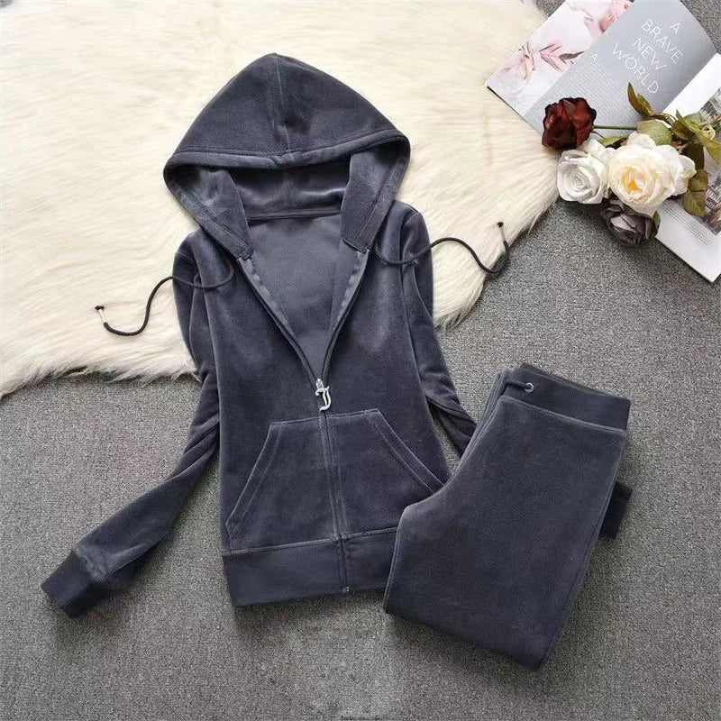 Soft Velvet Hooded Two Piece Tracksuit Set for Women