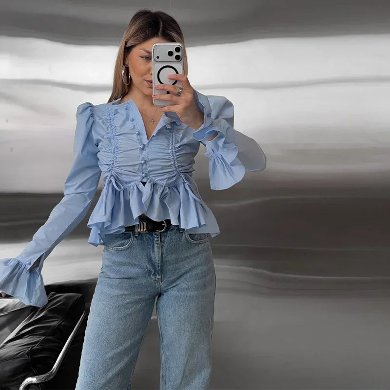 Chic Solid Ruffle Pleated Puff Sleeve Shirt for Women