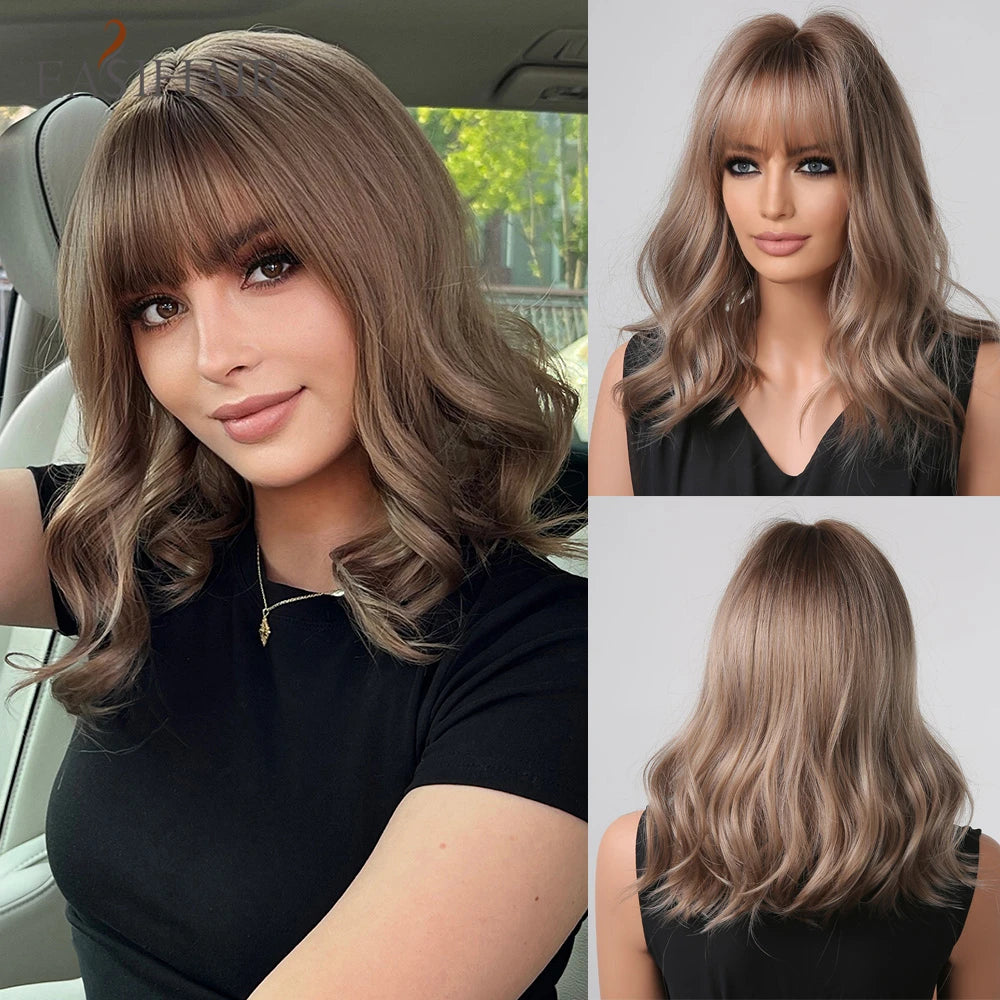 Medium Length Ombre Wavy Blonde Wig With Bangs for Women