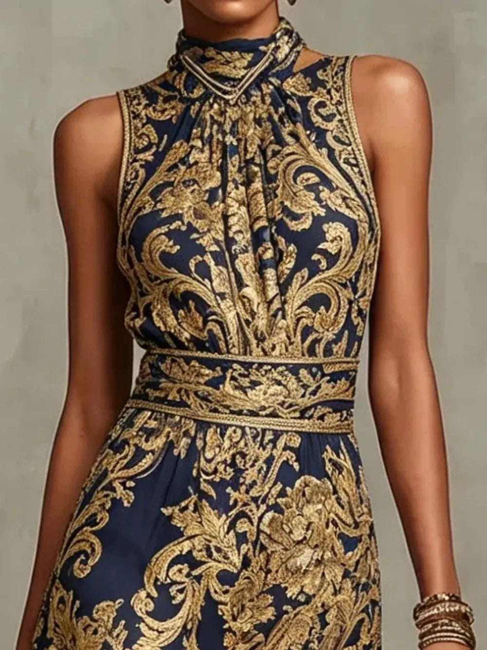 Elegant Baroque Print Halter Neck Maxi Dress for Women