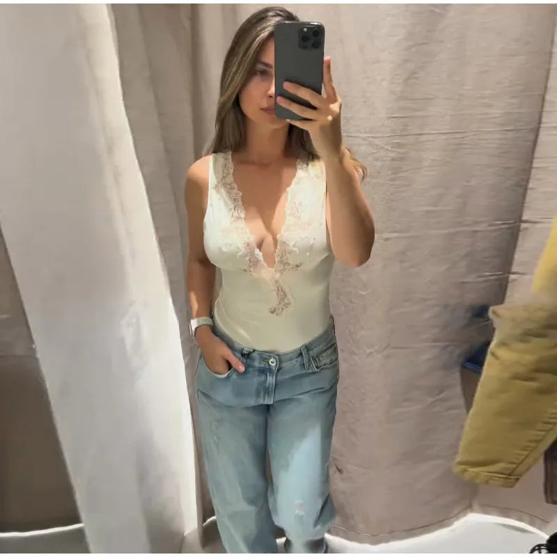 Slim Fit Backless Lace Patchwork Bodysuit For Women