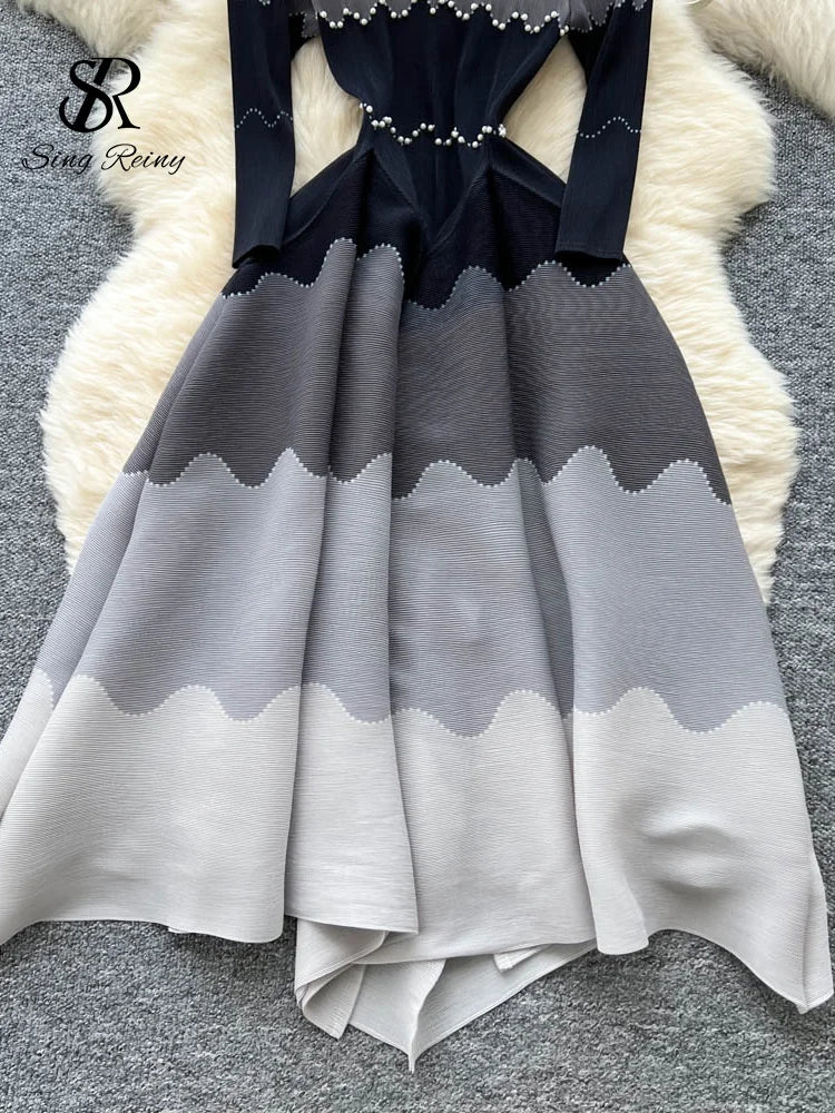 Wave Print Long Sleeve Ankle Length Evening Dress for Women