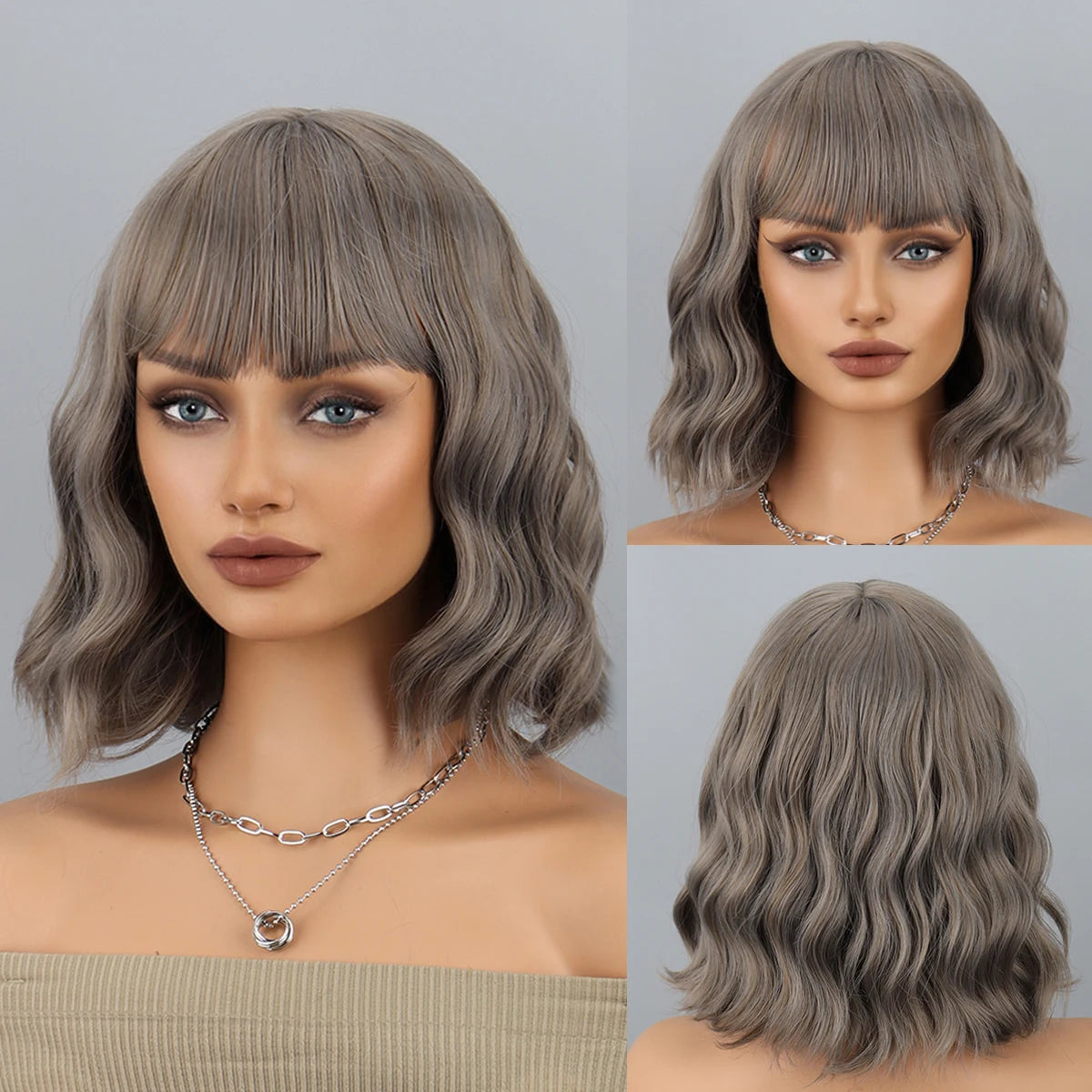 Natural Brown Synthetic Curly Wavy Bob Wig With Bangs For Women