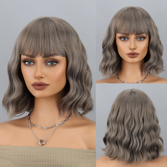 Natural Brown Curly Wavy Bob Wig Bangs