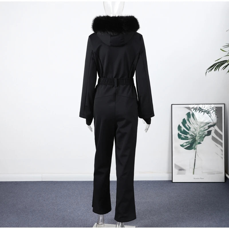 High Waist Full Zip Hooded Windproof Ski Jumpsuit For Women