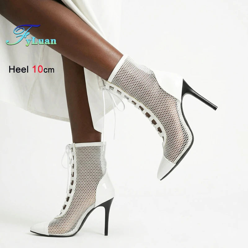 Breathable Mesh Pointy Toe Lace Up Thin Heel Ankle Boots for Women
