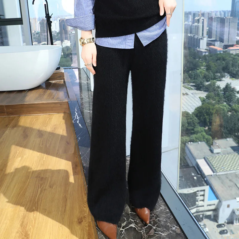 Elastic Waist Wide-Leg Knitted Cashmere Trousers for Women