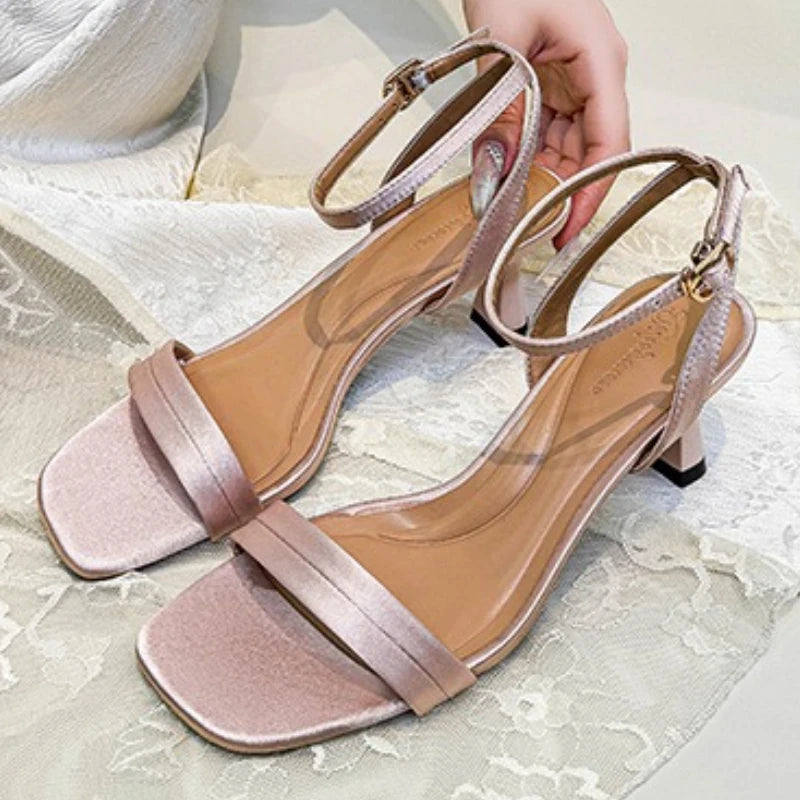 Silver Square Toe Ankle Strap Heeled Sandals for Women