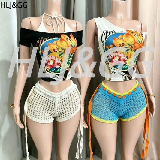 Knitted One Shoulder Crop Top And Shorts Set for Women