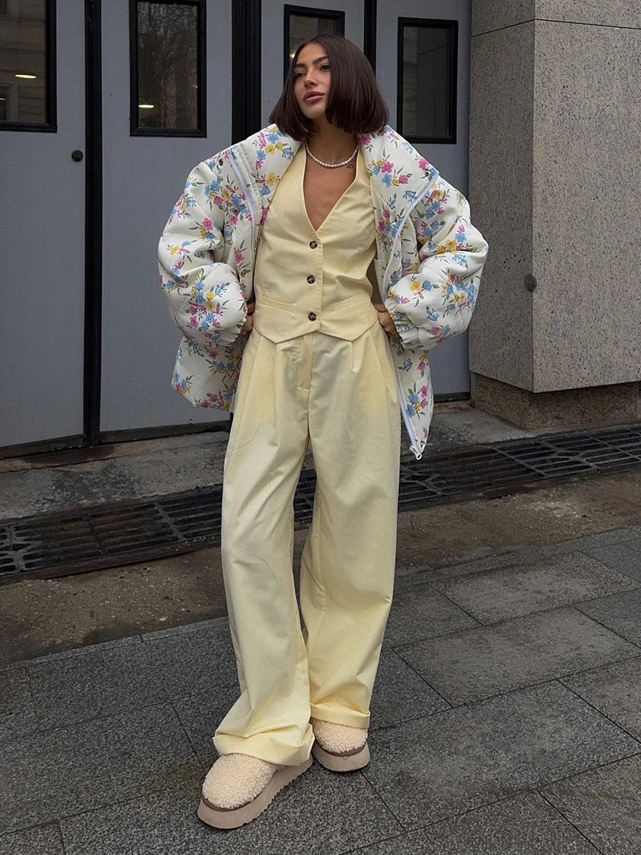 Floral Print Oversized Stand Collar Puffer Jacket For Women