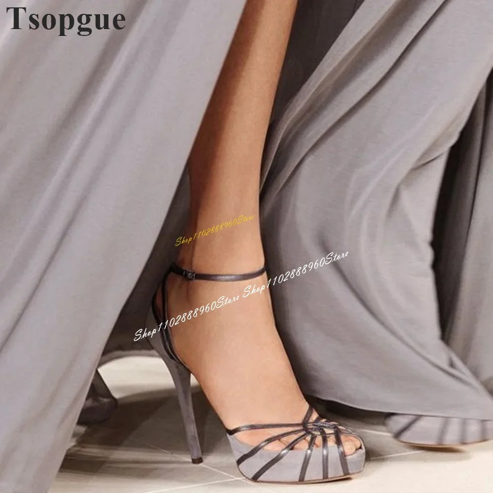 Gray Flock Strappy Platform Sandals Thin High Heel Shoes For Women Ankle Buckle Strap Peep Toe 2024 Fashion Zapatos Para Mujere
