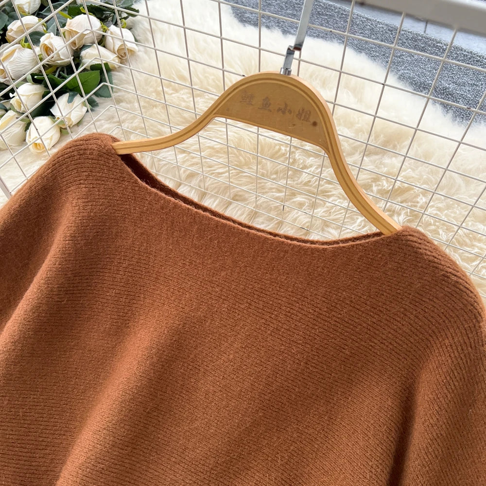 Batwing Sleeve Knit Top and High Waist Skirt Set for Women