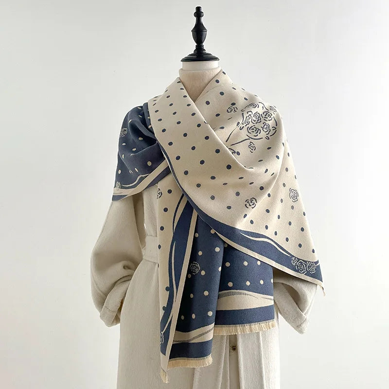 Rose Dot Print Knit Fringe Scarf