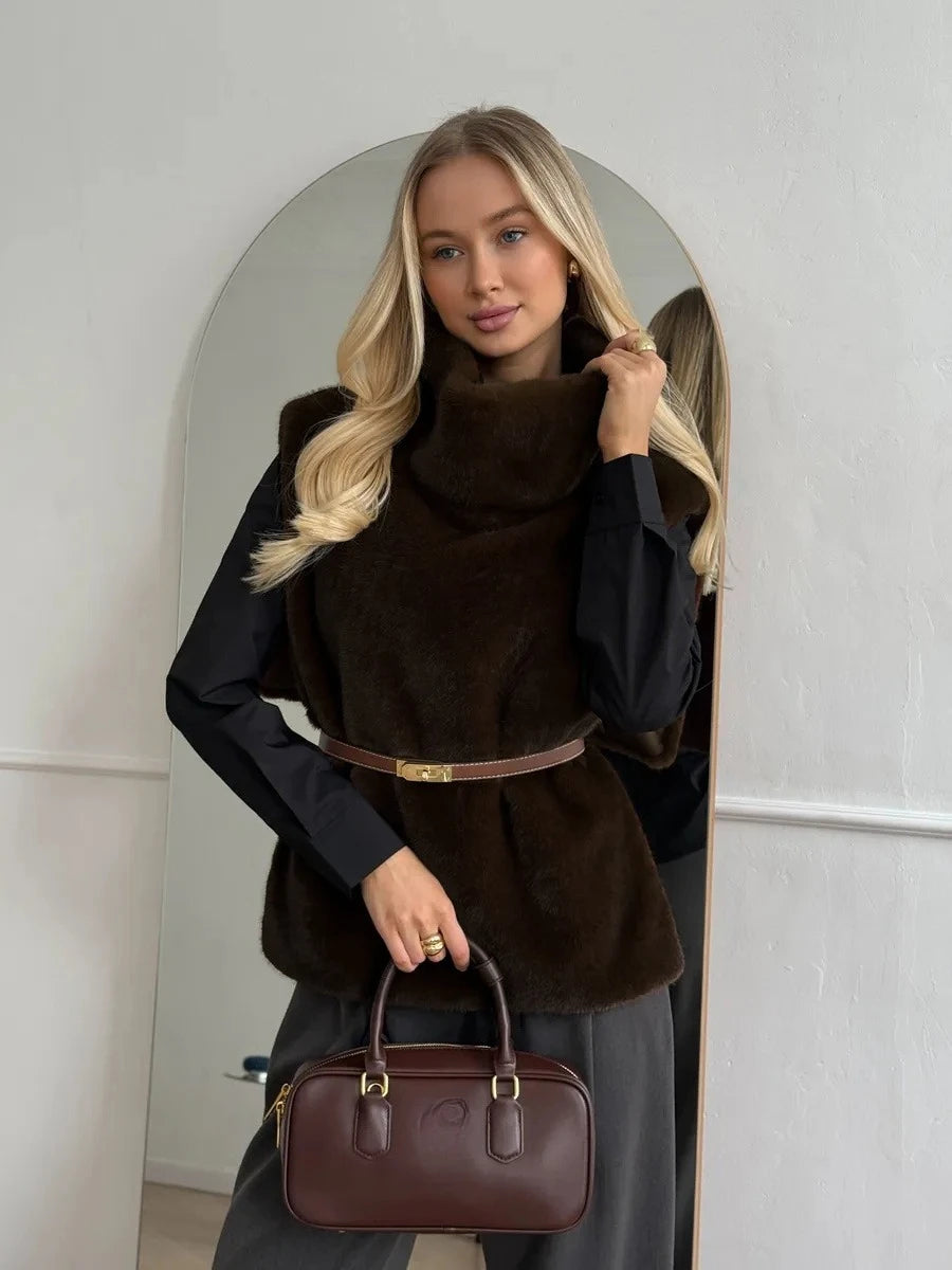 Mandarin Collar Faux Fur Vest