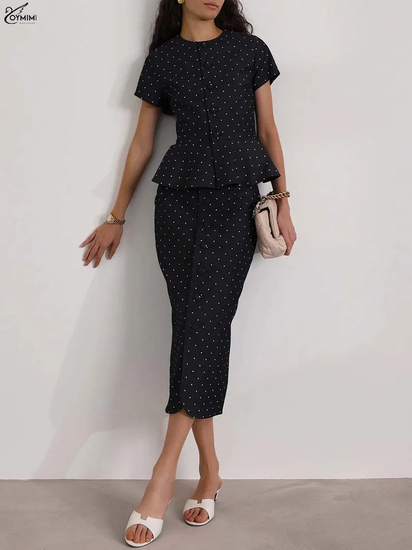 Oymimi Fashion Black Print Two Piece Outfits Woman Elegant Short Sleeve Button Blouses And High Waisted Slim Mid-Calf Skirt Sets