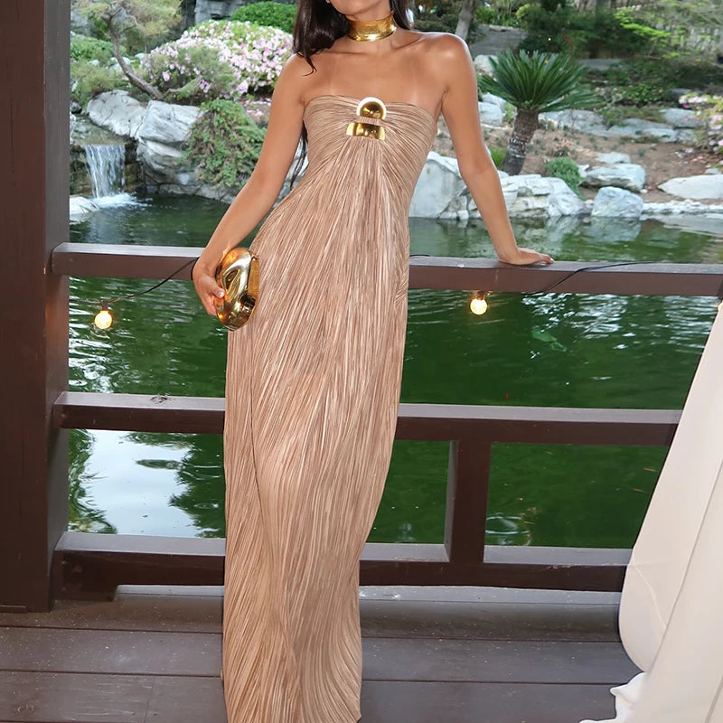 Pleated High Waist Split Maxi Dress