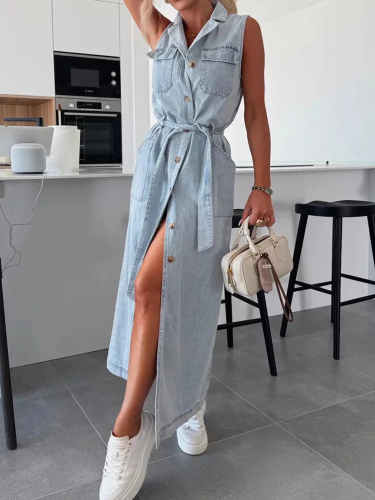 Single-Breasted Lace-Up Cardigan Dress, Women Summer Denim Style Sleeveless Maxi Dress, 2025 Solid Turn-Down Collar Ladies Dress