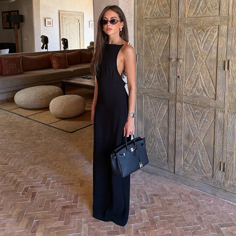 Black Beaded Backless Square Neck Sleeveless Summer Dress For Women