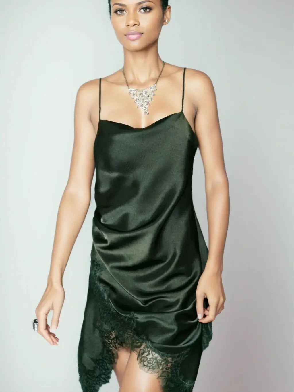 Elegant Dark Green Satin Lace Slip Evening Dress For Women