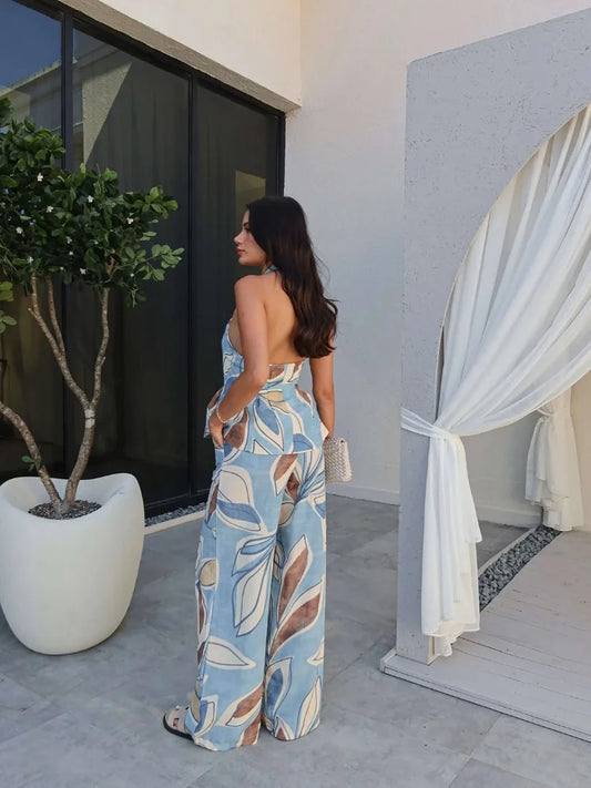 Halter Print Top Pants Set Women Backless Crop Tops Wide Leg Baggy Pants Two Pieces Set Chic Vacation Casual Women Outfit