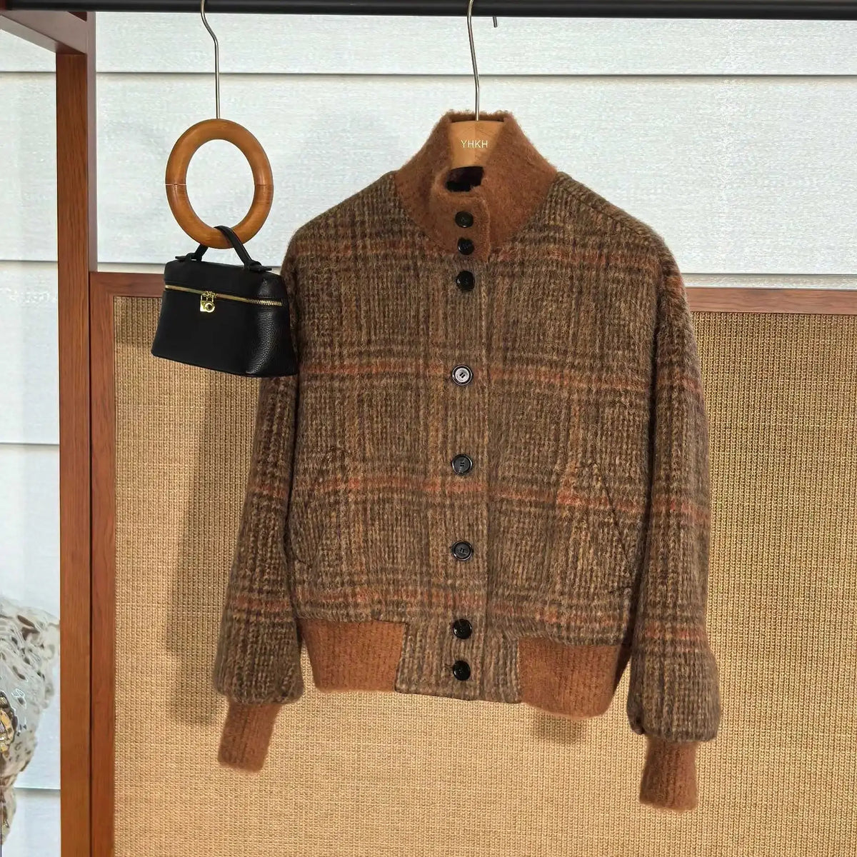 Vintage Plaid Wool Blend Stand Collar Jacket for Women