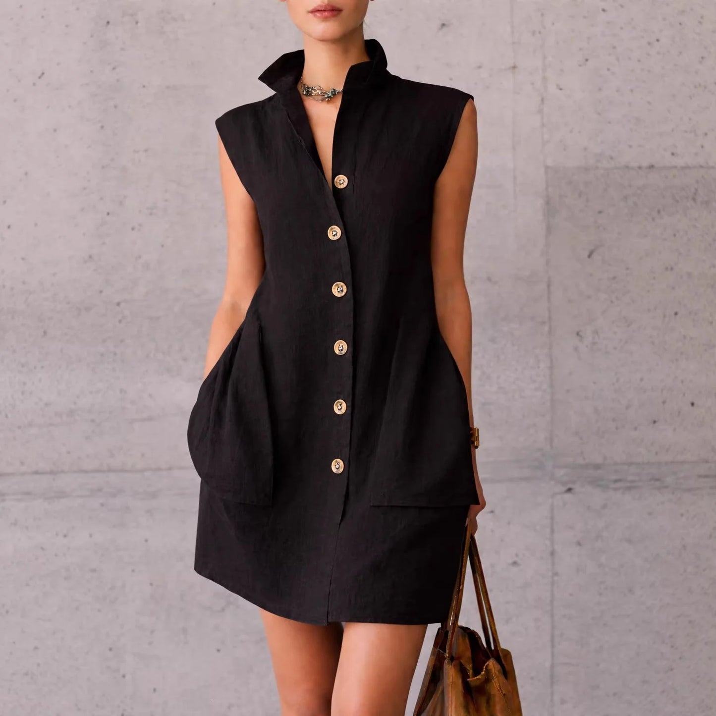 Solid Color Lapel Button Sleeveless Pocket Mini Shirt Dress for Women